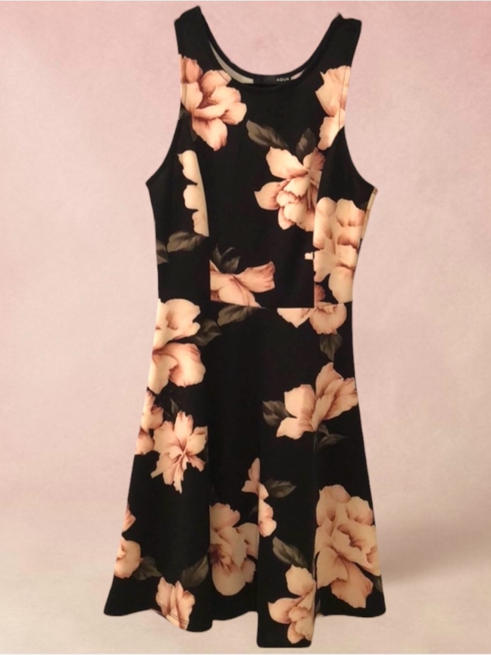 Aqua Black Floral Fit-and-Flare Dress with Blush Flowers
